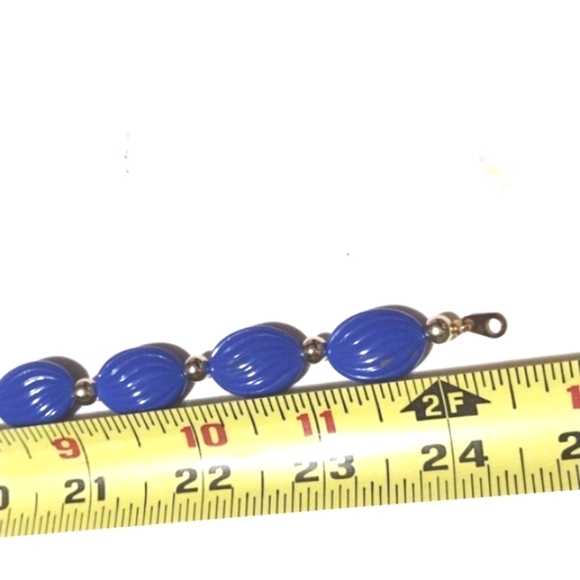 VINTAGE 60s SILVER-TONE BLUE LINED OVAL FLAT STONED SHELLED 24" NECKLACE - Picture 7 of 9